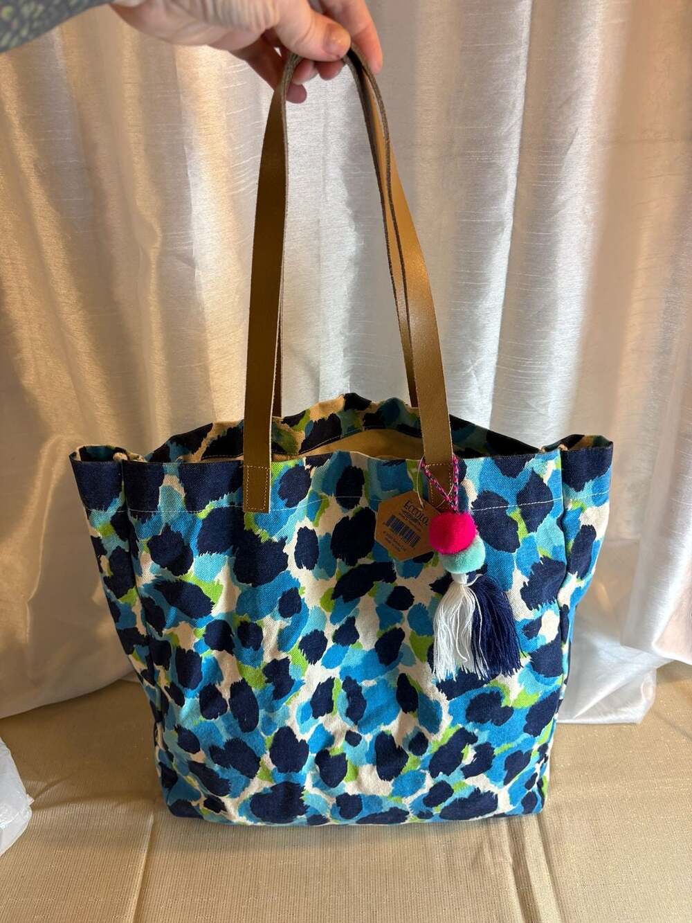 Eccolo World Traveler Blue Green Animal Print Canvas Tote Bag with Tassel